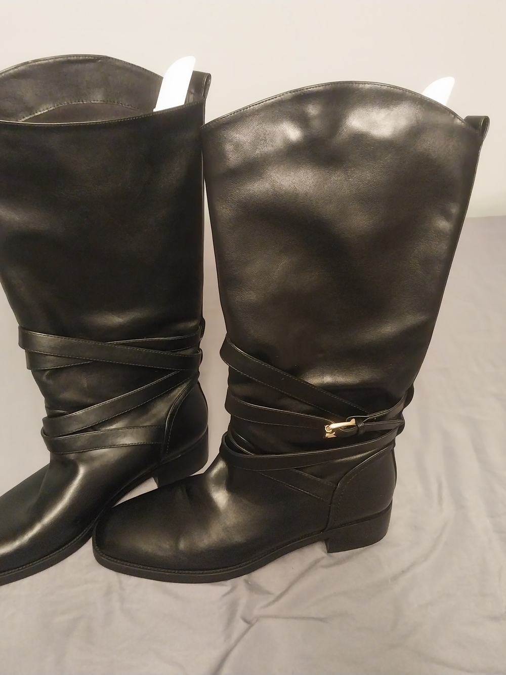 Black Women's Mid-Calf Riding Boots with Wrap Strap #258